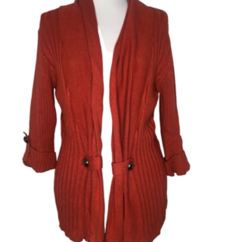 Women's Open Front Ribbed Cardigan Sweater - Rust